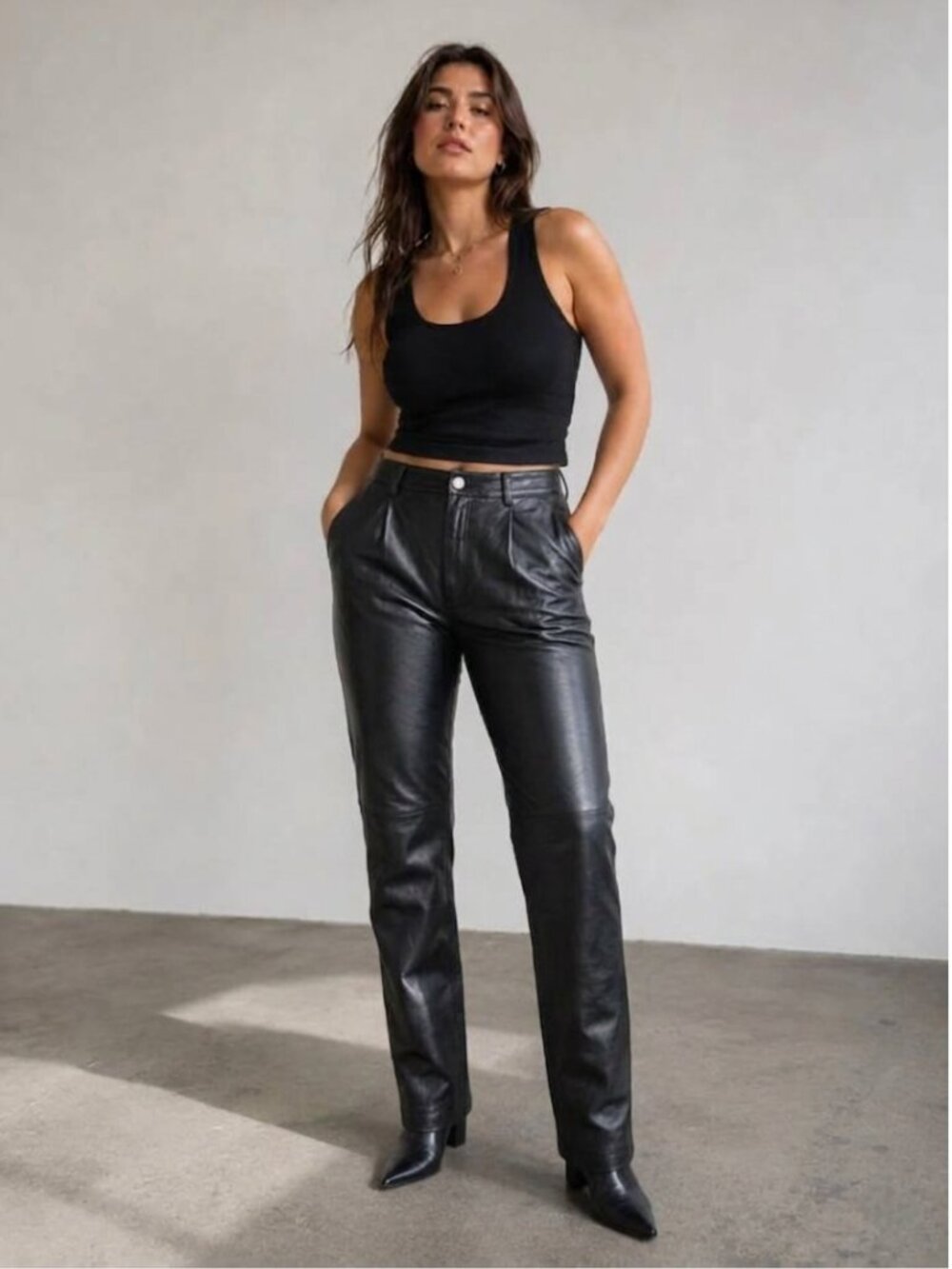 Vintage 90s Newport News Black Leather Straight Leg Pants Womens 14 High Rise